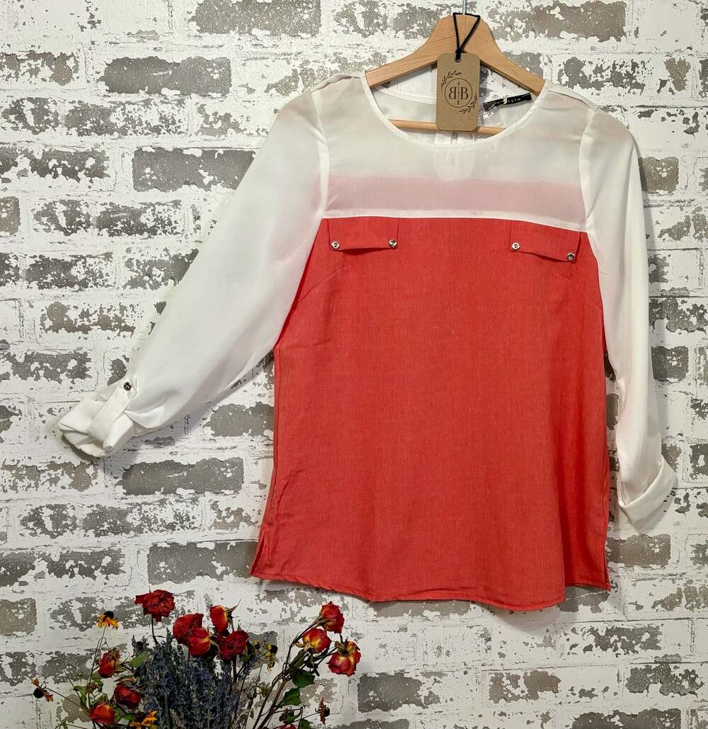 In Style Women's Color Block Long Sleeve Blouse, Coral and Ivory MEDIUM
